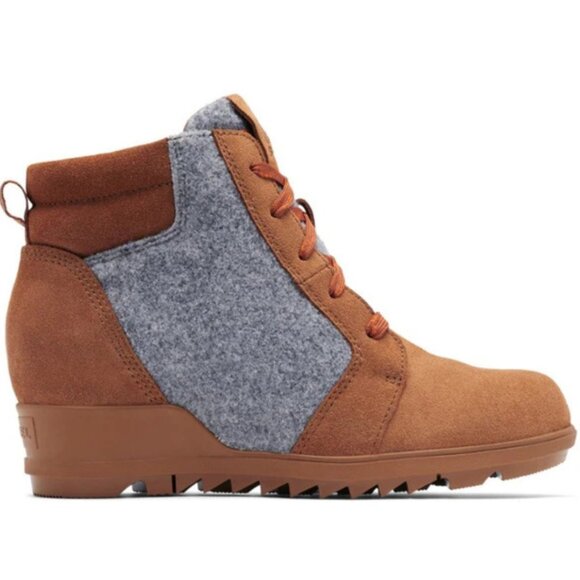 Sorel Women's Evie Ankle Lace Bootie in Velvet Tan Suede Gray Felt - Picture 1 of 11
